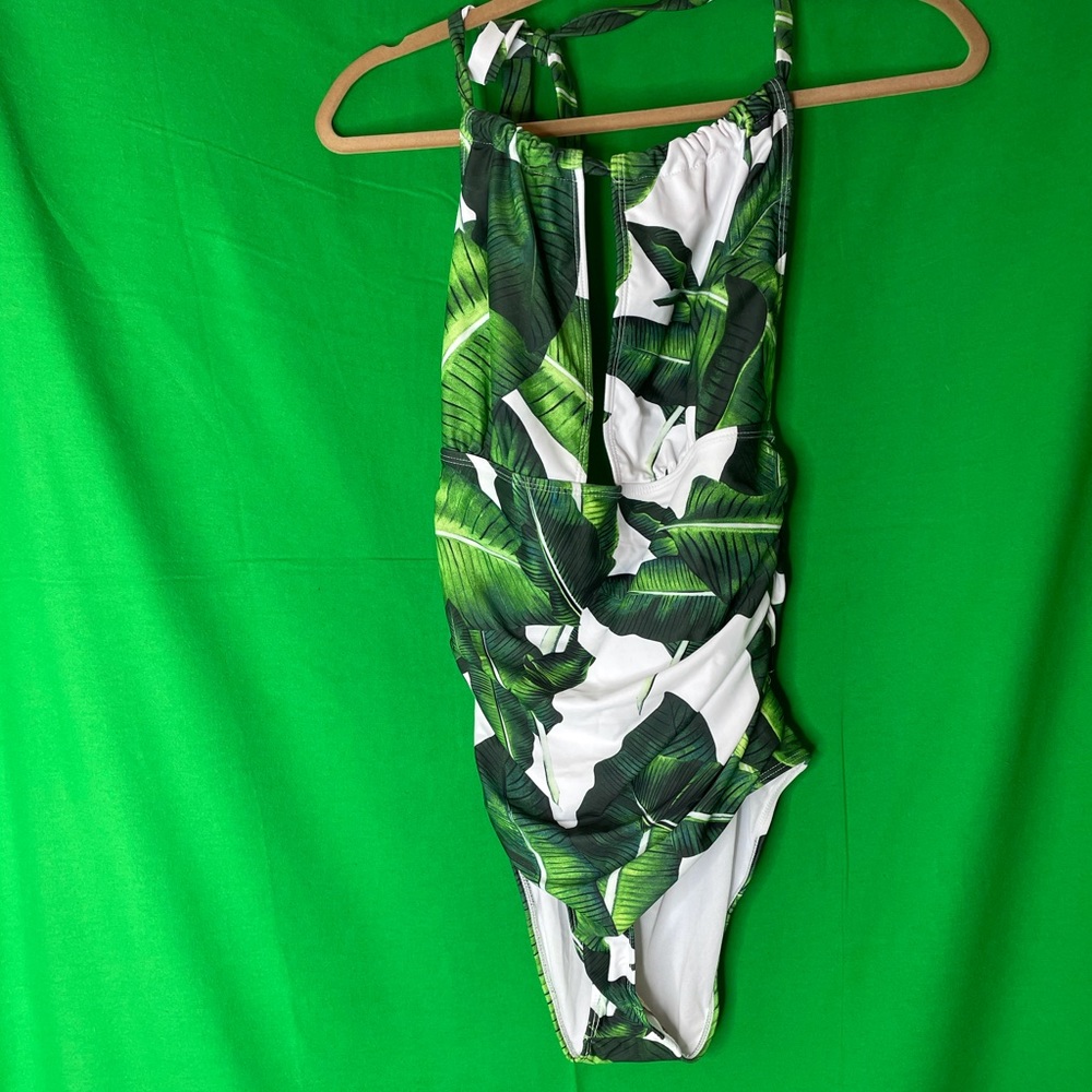 Palm Print Green& White Halter Swimsuit 1pc large
